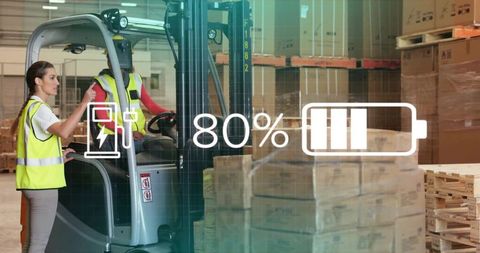 Warehouse Team Monitoring Electric Forklift and Efficiency
