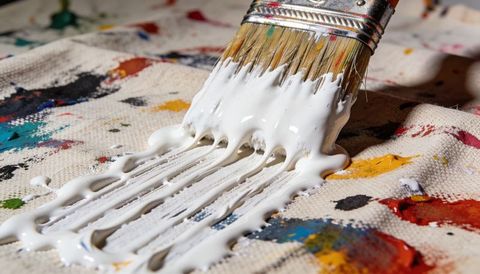 Dragging White Paint Across Colorful Canvas Cloth with Brush Pulling Thick Glossy Strokes