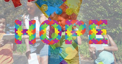 This digital design presents the impactful message of autism awareness centered around hope. Rich, vibrant puzzle pieces overlay a backdrop of diverse children engaged in a learning activity outdoors, promoting inclusivity and education on autism. This can be used in campaigns, educational materials, awareness workshops, and social media posts to convey support for the autistic community and encourage compassionate understanding.