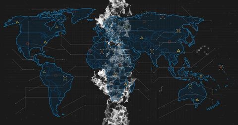 DNA Strand Overlapping Digital World Map with Data Processing Visuals