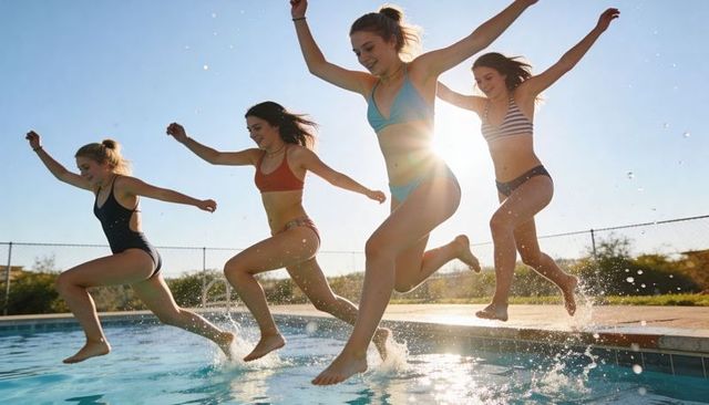 Friends jumping into pool at golden hour splashing water backlit summer fun