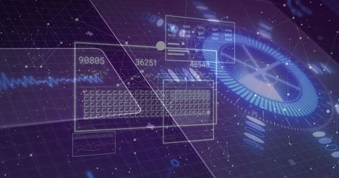 Futuristic holographic interface displaying floating keyboard panels and radial data dial