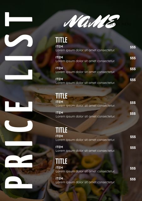 This elegant price list template features sections for different items and their descriptions. Ideal for restaurants, cafes, spas, and other businesses needing to display prices stylishly. The appetizing background design draws attention and enhances the professional look. Easily customizable spots for titles, items, and prices.