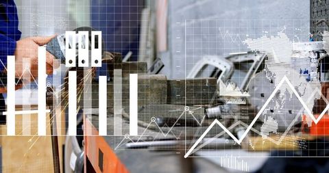 Grinding metal in workshop with data overlays and analytics highlighting industrial growth
