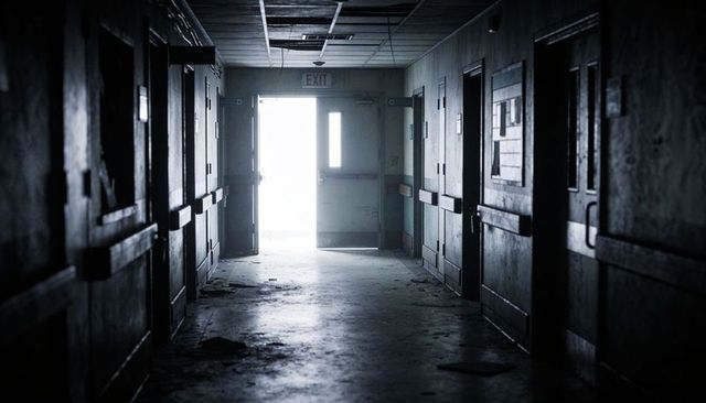 Backlit exit doors casting bright daylight into abandoned hospital corridor, gritty mood