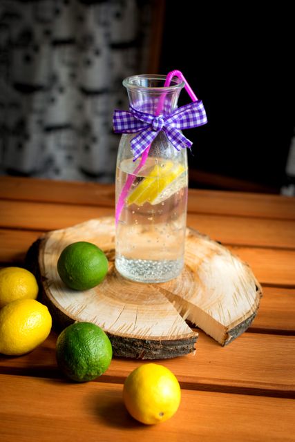 Refreshing Lemon Lime Water in Carafe with Purple Ribbon and Straw - Download Free Stock Photos Pikwizard.com