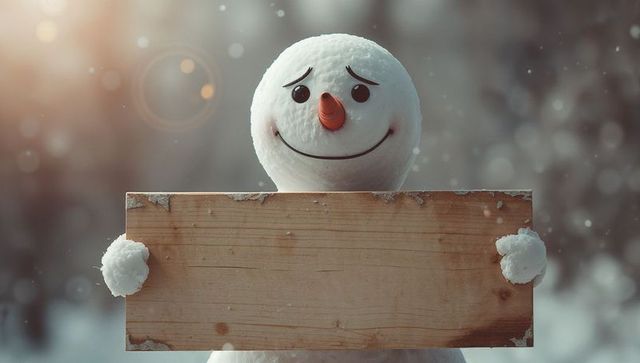 Cheerful Snowman with Wooden Sign in Winter Wonderland