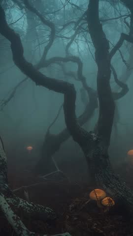 Vertical moody forest fog with twisted trunks and glowing pumpkins, eerie atmosphere