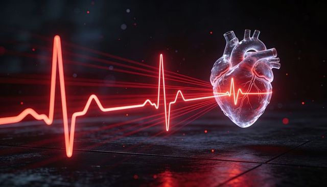 Pulsing neon ecg connecting to translucent anatomical heart with futuristic glow