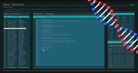 Cybersecurity Console Displaying Terminal Code, Redacted IDs and DNA Helix Overlay