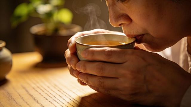 Senior asian woman holding steaming ceramic cup and sipping tea at wooden table, calm morning