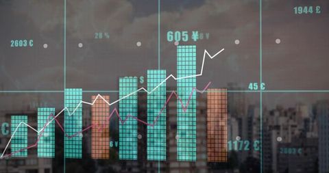 Finance analytics overlaying city skyline with teal orange bar charts and trend lines