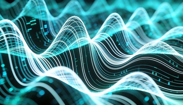 Flowing Neon Cyan Waveform Ribbons Pulsing in 3D Data Space with Binary Contour Lines