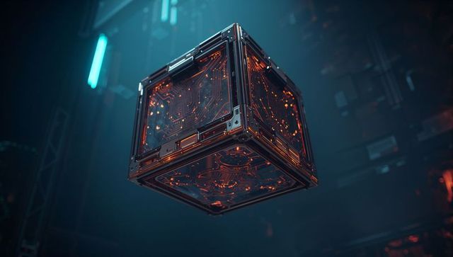 Floating futuristic cube with glowing circuitry in high-tech chamber