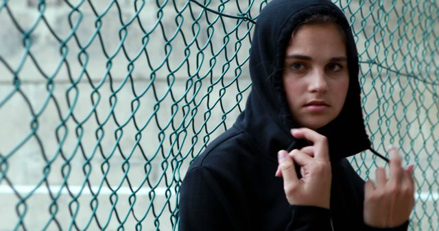 Young woman stands by a chain-link fence, wearing a hoodie. Ideal for use in advertising streetwear, showcasing urban lifestyle, or depicting thoughtful moments in public spaces.