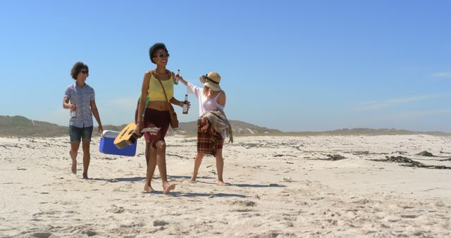 Friends Walking on Sunny Beach with Cooler and Guitar - Download Free Stock Images Pikwizard.com