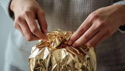 Close-up hands wrapping gold foil around round gift with knit sweater background