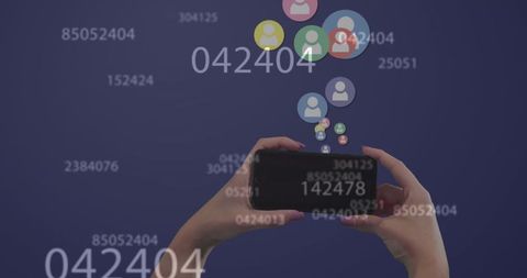 Hands Holding Smartphone with Floating Social Media Reactions and Numbers