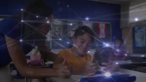 Young Student Engaging with Tablet in Classroom Enhanced by Digital Network Overlay