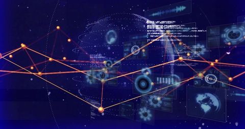 Visualizing global data flow with holographic network nodes and futuristic HUD analytics