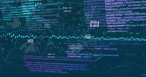 Global data network dashboard showing world map with code overlays, hex grid and analytics