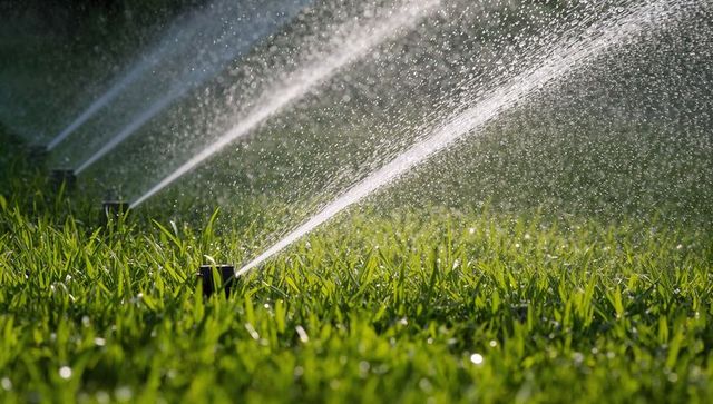 Pop-up Sprinklers Spraying Sunlit Green Lawn with Arcing Water Droplets and Fine Mist