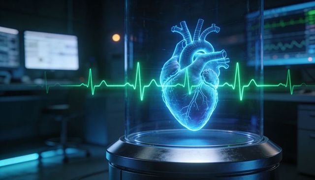 Hovering holographic human heart projecting ecg waveform in futuristic cardiac lab