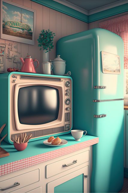 Evoking the charm of the 1950s with a retro kitchen featuring vintage TV and turquoise refrigerator. The kitchen is decorated with pastel-colored appliances and nostalgic decor, creating a cozy and inviting atmosphere. Perfect for illustrating nostalgic themes, home decor ideas, vintage lifestyle, or culinary blogs centered around classic design and traditions.