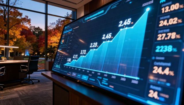Curved dashboard display showing rising finance analytics in modern office at dusk