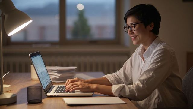 Woman working late at home desk using laptop and smiling under desk lamp for remote work