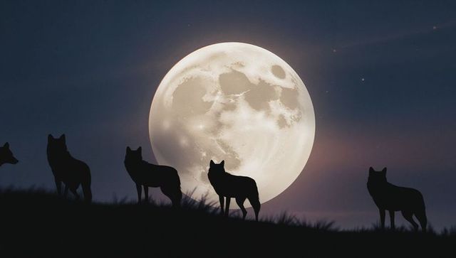 Wolf Pack Silhouettes Under Full Moon in Night Wilderness