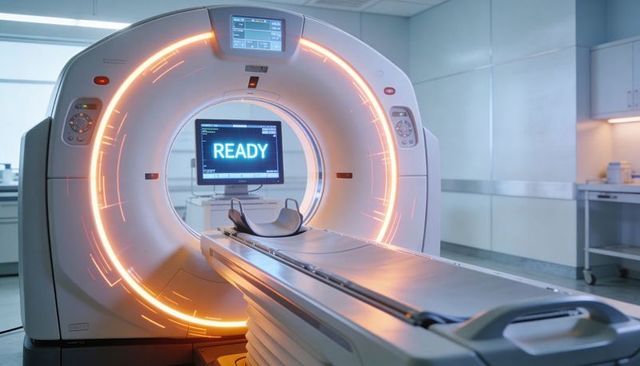 Ct scanner gantry with orange led ring and motorized patient table showing ready monitor