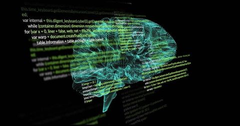Neon Wireframe Brain with Floating Code and Glowing Nodes Representing AI Neural Network