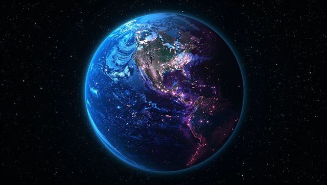 Glowing Earth from Orbit Showing Americas, Neon Night Lights, Oceans, Clouds, Stars