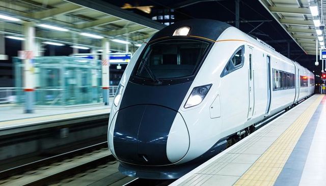 Night high-speed train gliding into modern station with headlights and tactile platform