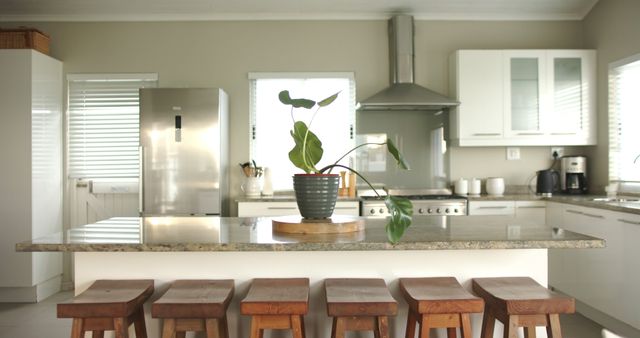 General view of kitchen with countertop and kitchen equipment, in slow motion. Interior, design and domestic life.