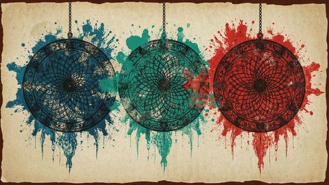 Ornate hanging mandala ornaments with colorful splatter art