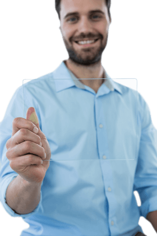 Smiling Man Holding Transparent Tablet Innovation - Download Free Stock Videos Pikwizard.com
