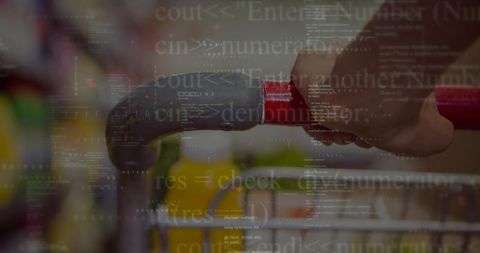 Hand holding shopping cart with digital code overlay