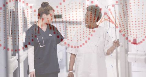 Nurse guiding patient with iv pole down hospital corridor with red data visualization overlay
