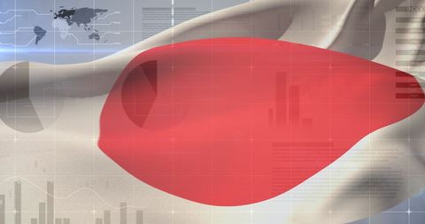 Japan Flag with Financial Graphs and Global Map