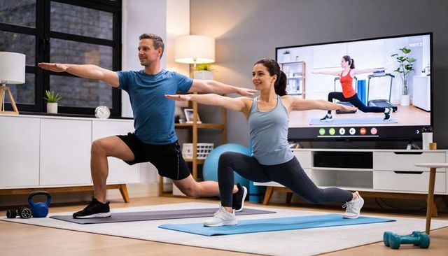 Couple performing synchronized lunges during virtual home workout with tv trainer and fitness gear