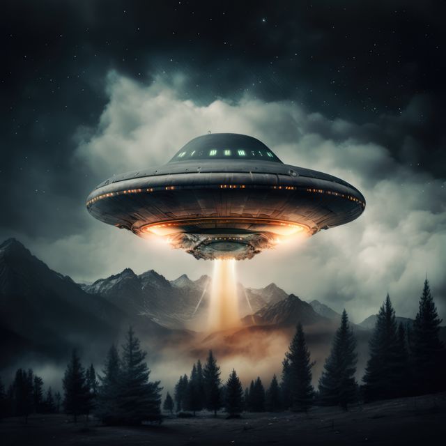 Alien spaceship landing on earth with clouds and mountains, created using generative ai technology. Space travel and outer space concept digitally generated image.