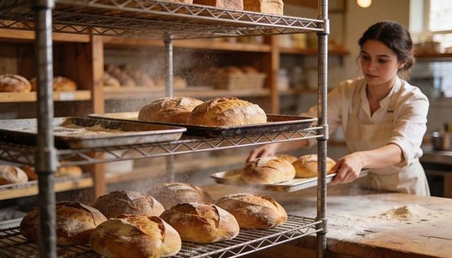 Sunlit Artisan Baker Placing Sourdough Loaves on Rack in Rustic Wooden Bakery Workshop