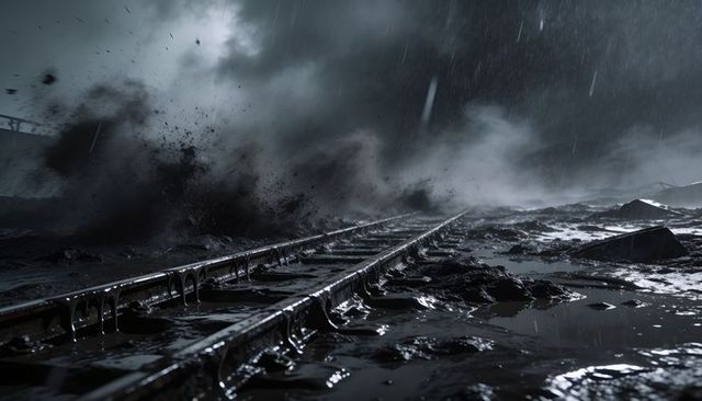 Glistening muddy railway tracks receding into stormy night with wreckage