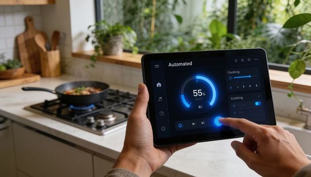 Man controlling smart stovetop with tablet in modern kitchen, cooking automation