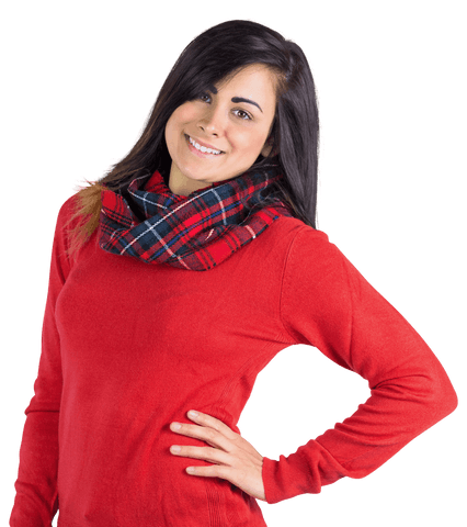 Smiling Woman in Red Sweater with Plaid Scarf Transparent Background