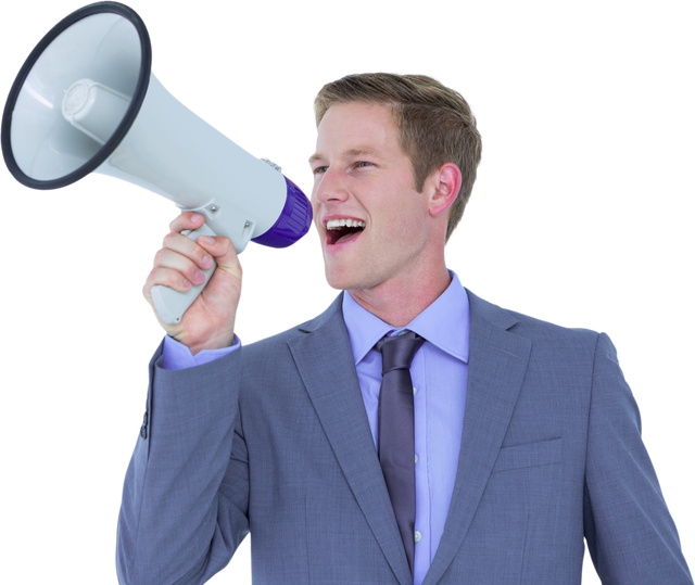 Transparent cheerful businessman holding megaphone in hand - Download Free Stock Videos Pikwizard.com