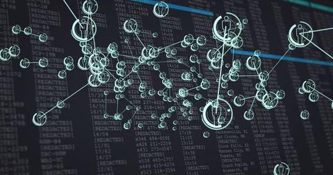 Glowing cyber network visualizing connected user nodes over digital data stream