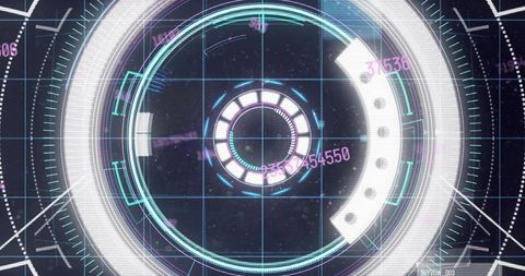 Futuristic hud rings rotating with holographic reticle, neon grid and magenta data readouts